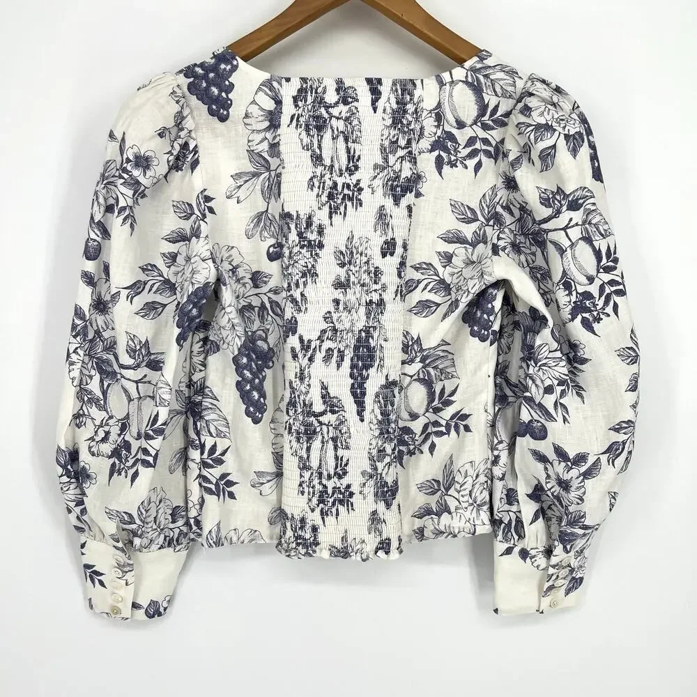 Reformation Stilton Linen Top Carla – Blue Floral Fruit Print – Size 8